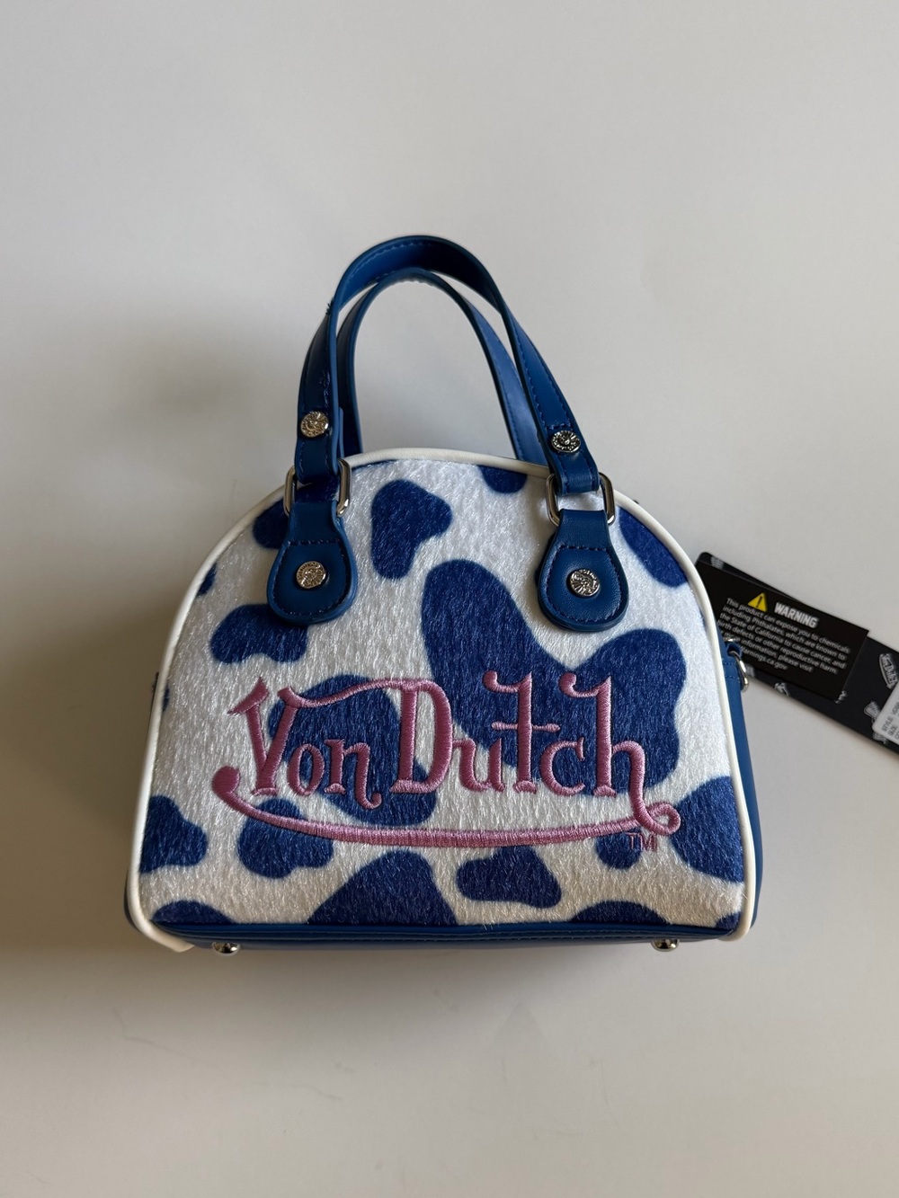 Von Dutch Blue Mini Bowling Bag Cow Print Crossbody Purse NWT